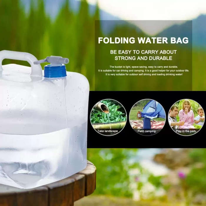 Reinforced carry handles on portable folding bucket for secure water transport.