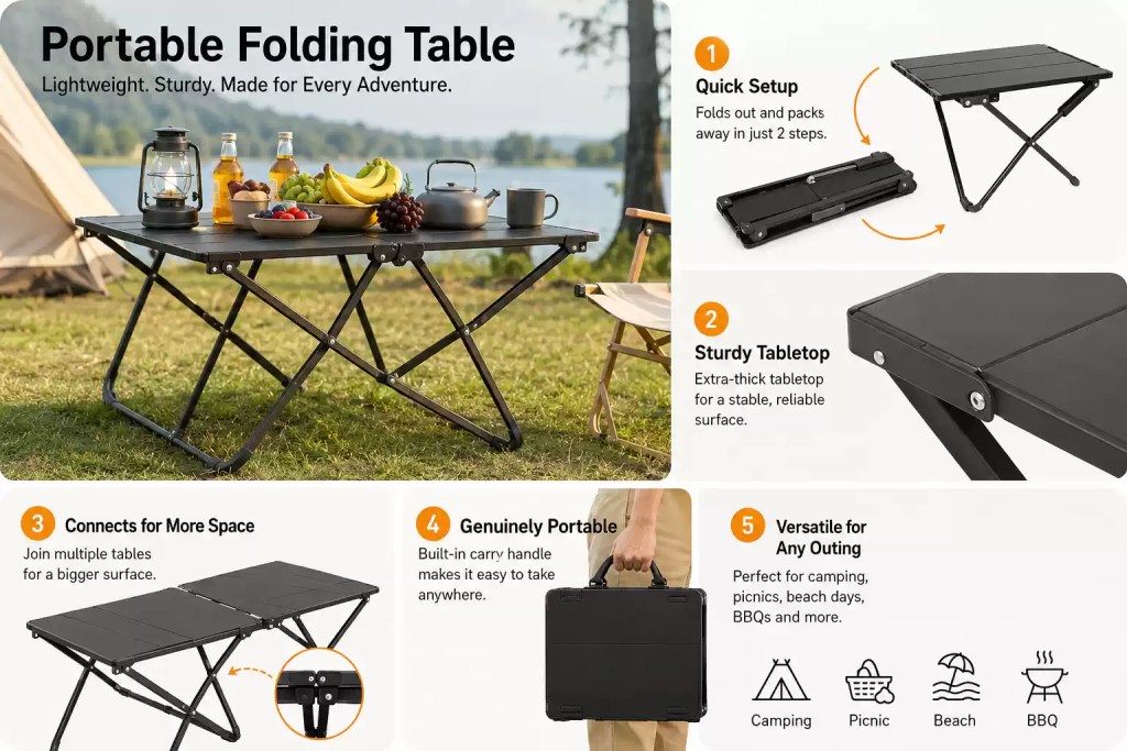 Lightweight portable folding table featuring a sturdy tabletop and carry handle.