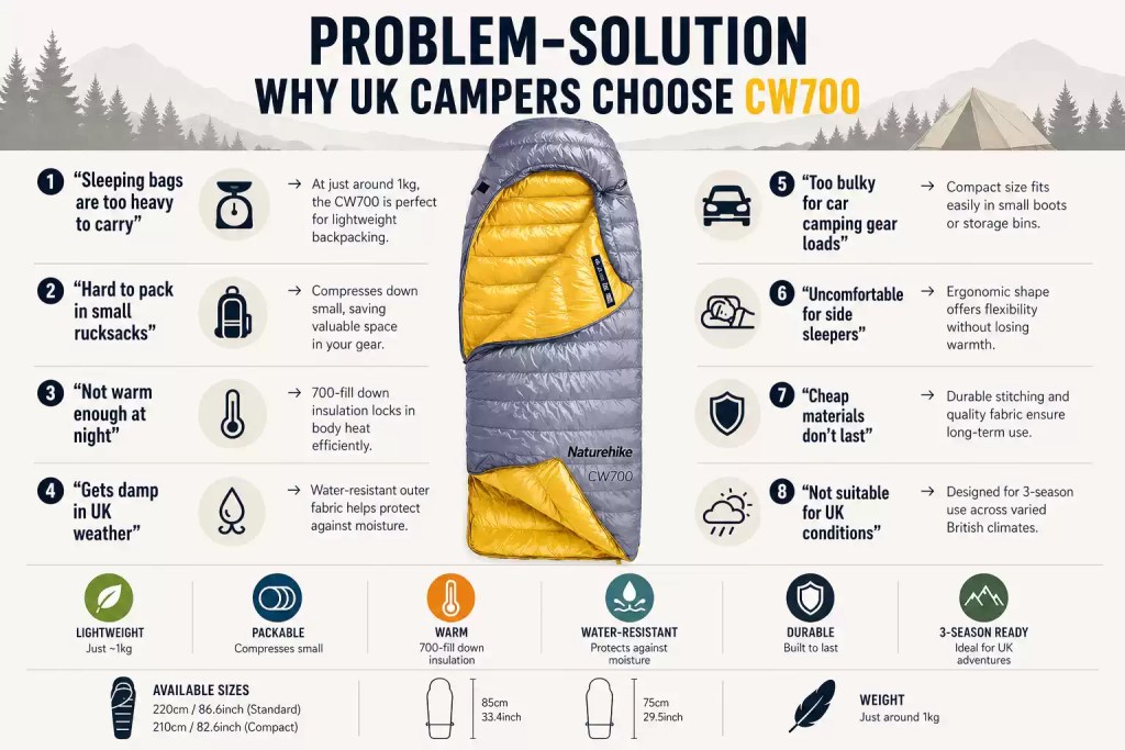 Naturehike CW700 Sleeping Bag Infographic: UK wild camping ke liye ultralight 1kg weight aur 700-fill down insulation ke features dikhata hua.