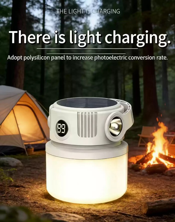 RECHARGEABLE LED CAMPING TENT LIGHT_1 Strong magnetic LED light attached to a caravan frame for hands-free outdoor maintenance.