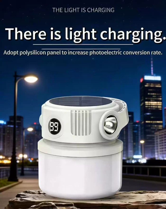 RECHARGEABLE LED CAMPING TENT LIGHT_2 Warm-glow setting on an LED camping lantern, providing soft ambient light for a motorhome interior.