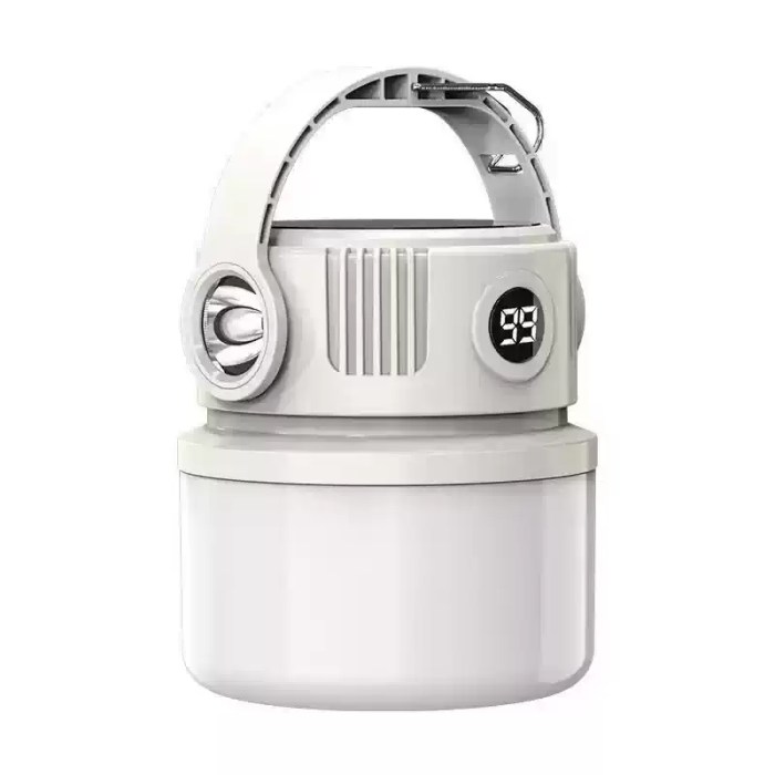 RECHARGEABLE LED CAMPING TENT LIGHT_3 tegrated carabiner hook on a portable tent lantern showing it hanging from a 4-person family tent ceiling.