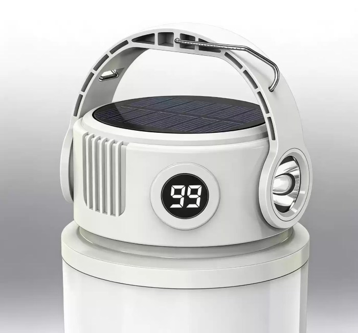 RECHARGEABLE LED CAMPING TENT LIGHT_4 Modern USB-C rechargeable camp light being powered by a portable power bank during a UK camping trip.