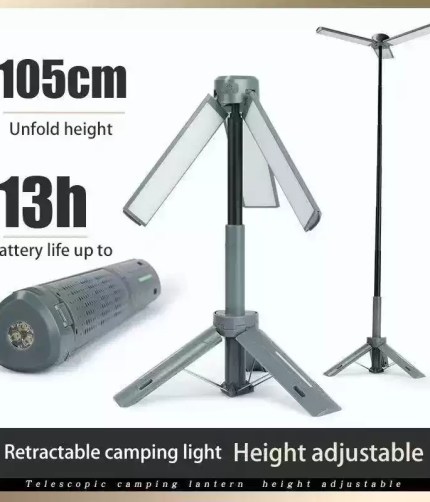 Rechargeable telescopic camping lantern with high-lumen LED and magnetic base.