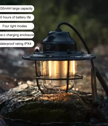 Modern USB-C rechargeable retro light featuring a hidden charging port for use during UK camping trips.