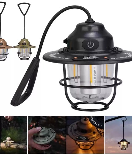 Vintage-inspired retro LED camping lantern with a classic bronze finish for UK garden and campsite styling.