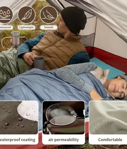 Splicable double sleeping bag for couples.