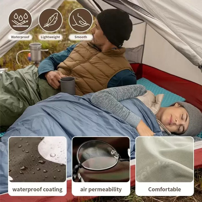 Splicable double sleeping bag for couples.