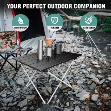 Compact collapsible mini camping table design for easy UK backpack storage.