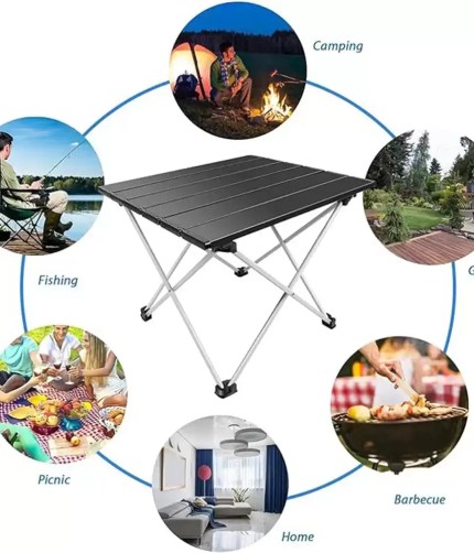 Small folding camping table with wooden effect top for UK picnics.