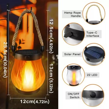 Solar flame effect camping lantern with hemp rope handle, USB-C rechargeable LED outdoor light for UK camping and garden lighting