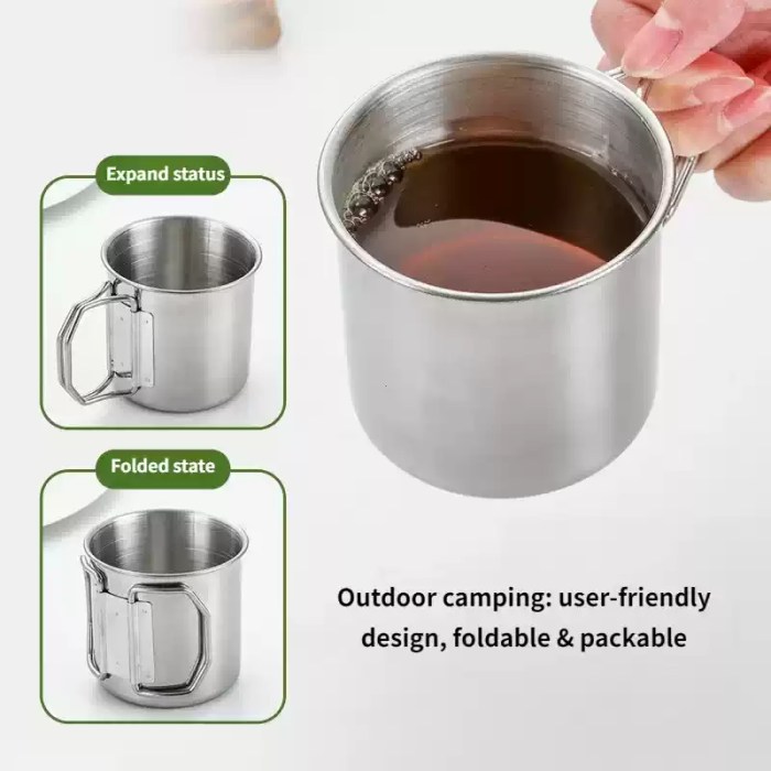 Compact camping mug with folding butterfly handles designed to fit into a side pocket of a UK hiking rucksack.