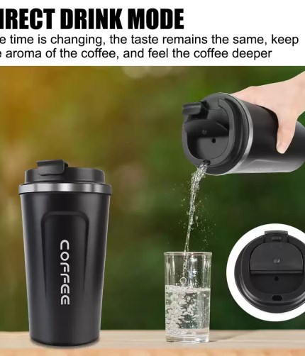 Reliable insulated travel cup being used by a camper outside a 4-person family tent on a misty morning.