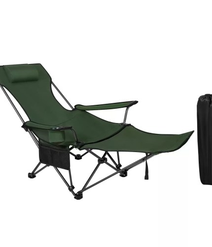 WOLTU folding camping fishing chair with integrated armrest and cup holder.