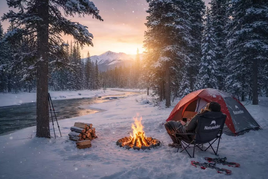 Winter camping scene with Naturehike tent, campfire and snowy forest by river at sunset outdoor cold weather camping UK style