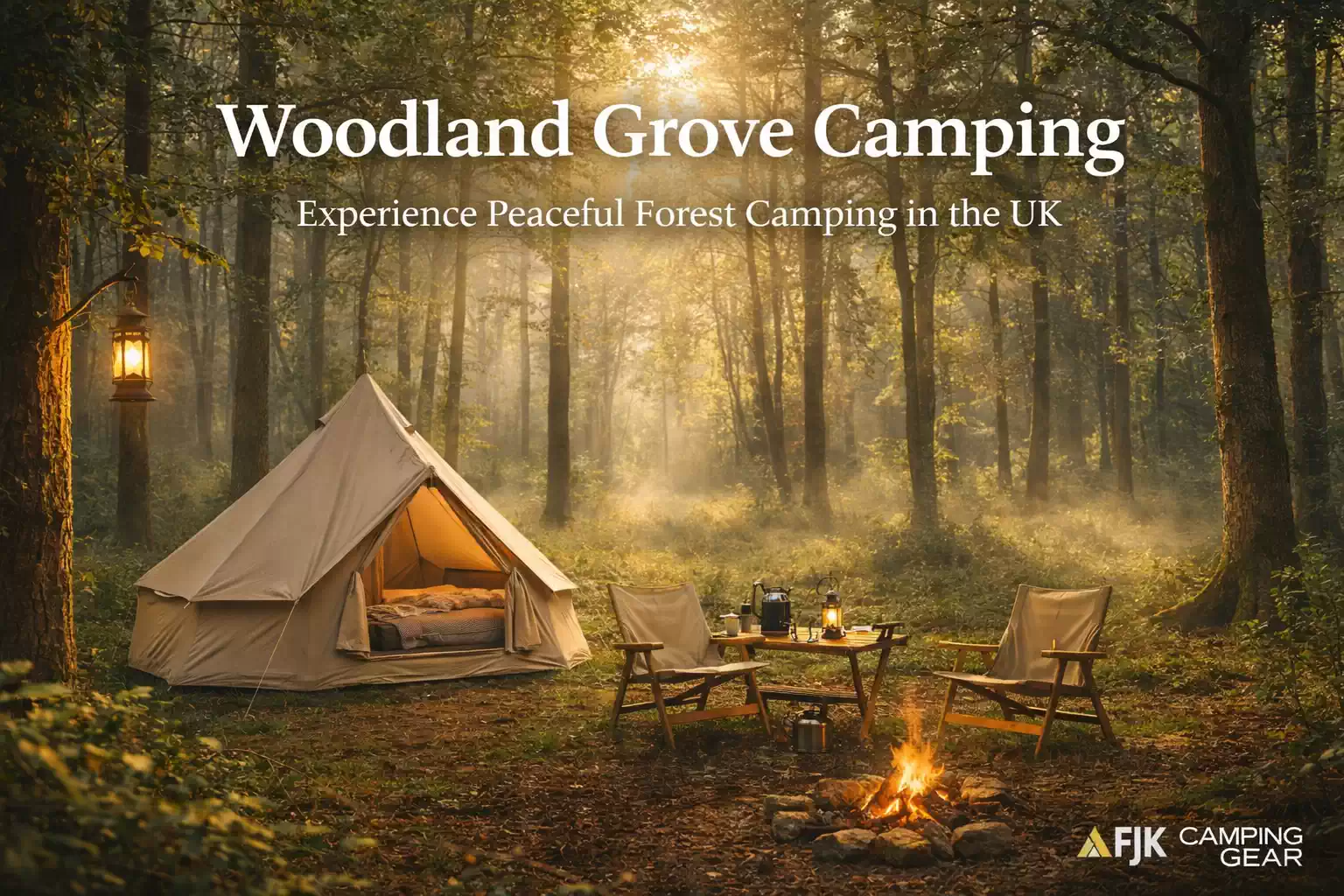 Woodland grove camping forest tent setup UK peaceful outdoor campsite