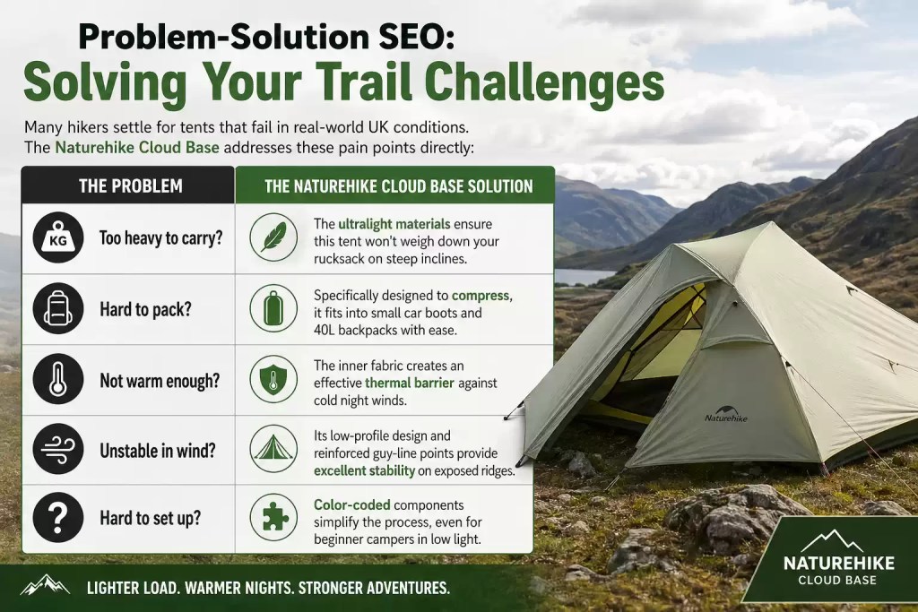 An infographic titled 'Solving Your Trail Challenges' for the Naturehike Cloud Base tent pitched in a UK mountain landscape. It outlines solutions for five common camping problems: weight, packability, warmth, wind stability, and setup difficulty, highlighting features like thermal barriers and color-coded components