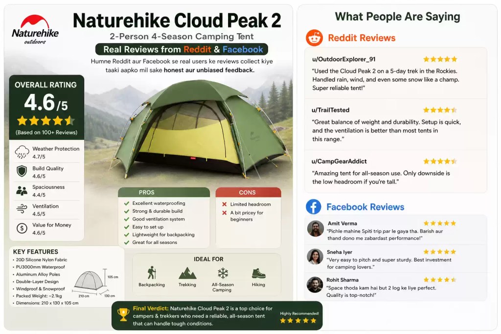 Customer review infographic for the Naturehike Cloud Peak 2 2-person tent. Displays technical features, a 4.6/5 star rating, user feedback from social media, and a final verdict recommending it for tough trail conditions.