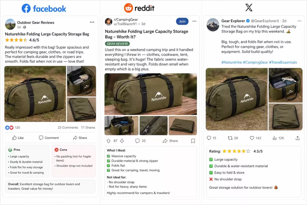 A social media review collage for the Naturehike Folding Large Capacity Storage Bag, featuring feedback and star ratings from Facebook, Reddit, and X users praising its durability and space-saving design.