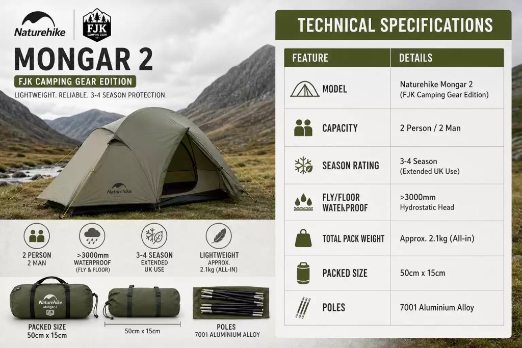 Shot displaying the Naturehike Mongar 2 tent specifications against a mountain backdrop. Features a data table with weight, dimensions, and weatherproofing details, alongside photos of the tent pitched and packed.