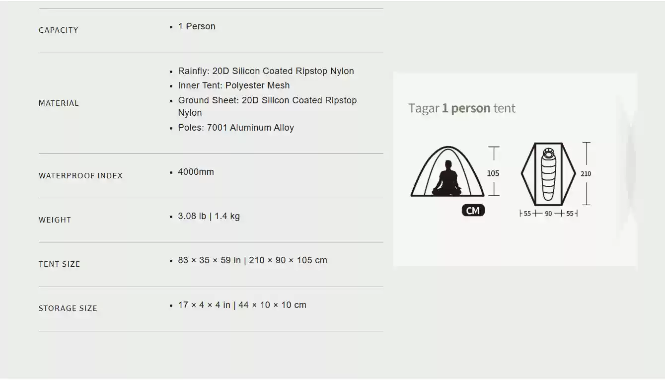 tagar 2 - 1 person tent dimension