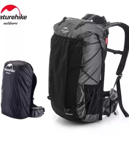 Naturehike Rock™ 60L hiking backpack in grey grid pattern, featuring a spacious roll-top design and accessible external mesh storage.