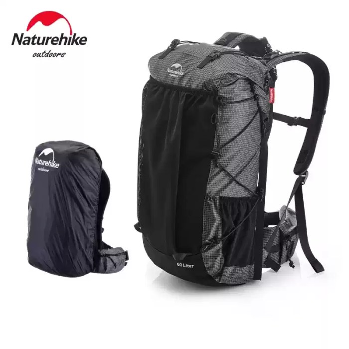 Naturehike Rock™ Hiking Backpack Naturehike Rock™ 60L hiking backpack in grey grid pattern, featuring a spacious roll-top design and accessible external mesh storage.