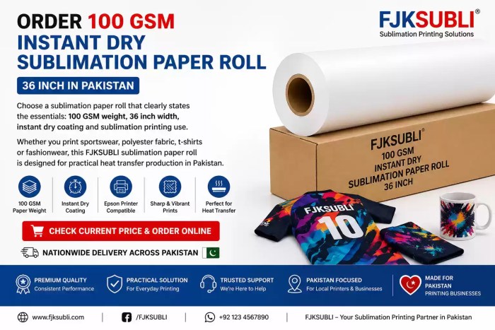 Order 100 GSM instant dry sublimation paper roll in Pakistan