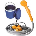 UK 12V camping shower with folding bucket, submersible pump and handheld shower head