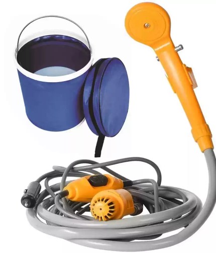 UK 12V camping shower with folding bucket, submersible pump and handheld shower head