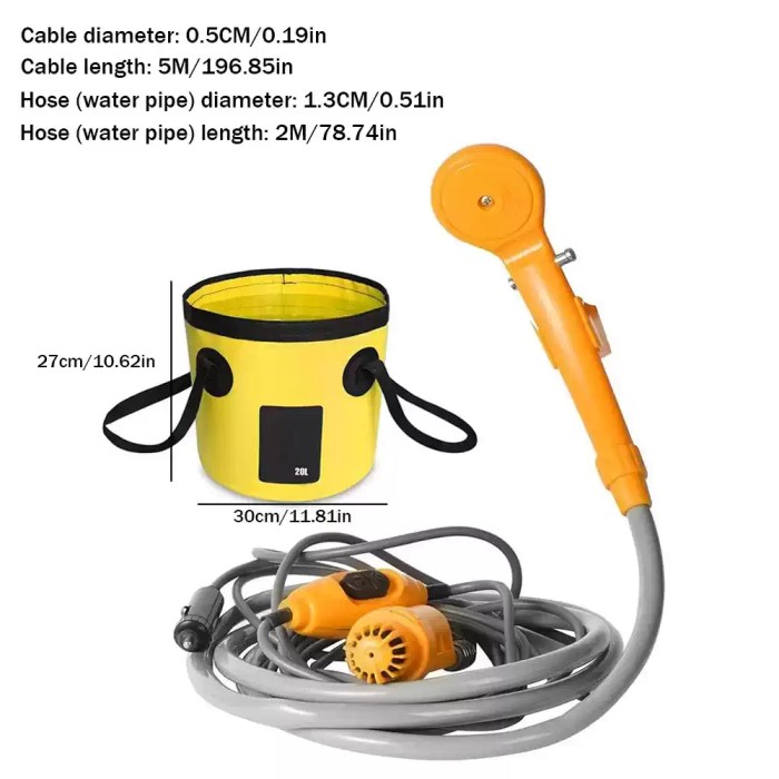 UK 12V portable camping shower size guide with 20L bucket, 5m cable and 2m hose