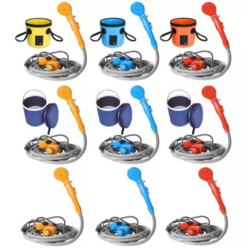 UK 12V portable camping shower kit colour options with bucket, pump, hose and shower head
