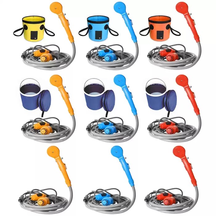 UK 12V portable camping shower kit colour options with bucket, pump, hose and shower head