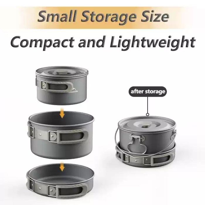 Lightweight aluminum cooking pots with heat-resistant handles for UK camping trips.