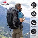 Naturehike Rock™ 60L mountaineering pack showing the internal metal frame and ergonomic, breathable mesh back panel for weight reduction