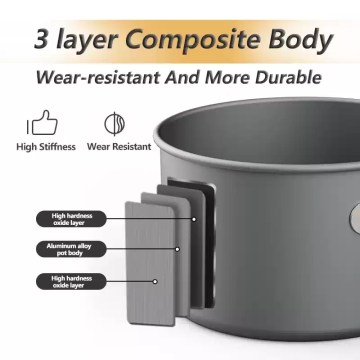 Durable 3-layer aluminium camping pots with wear-resistant non-stick coating