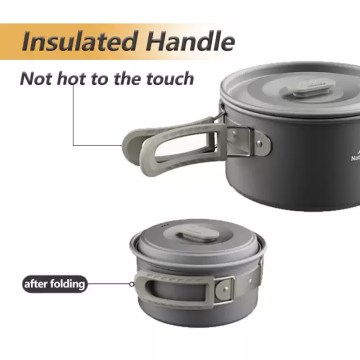 Foldable insulated handle camping cookware set for safe outdoor cooking