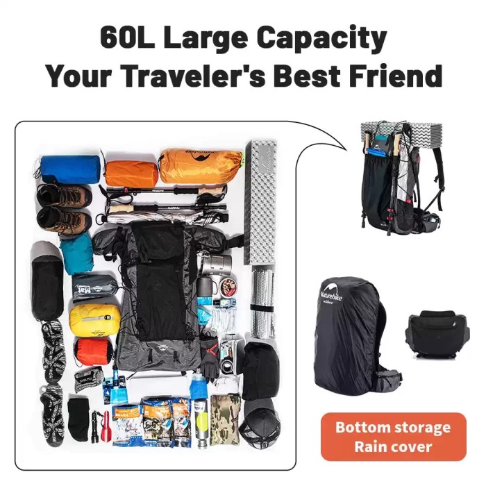 Naturehike Rock™ Hiking Backpack Naturehike Rock™ 60L hiking backpack equipped with its integrated, bottom-stowed waterproof rain cover for extreme weather conditions