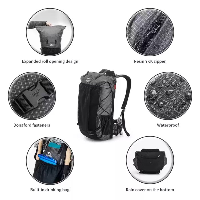 Naturehike Rock™ Hiking Backpack Detail shot of the Naturehike Rock™ 60L featuring premium YKK resin zippers and durable Donaford fasteners for secure gear management