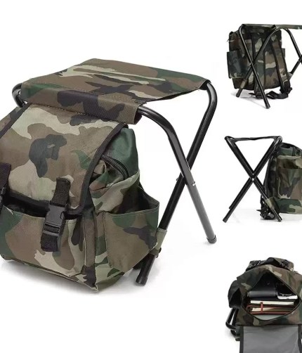 Camouflage fishing backpack with built-in folding stool and multiple storage compartments