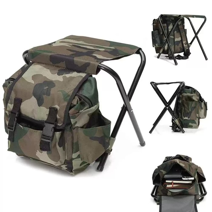 Camouflage fishing backpack with built-in folding stool and multiple storage compartments