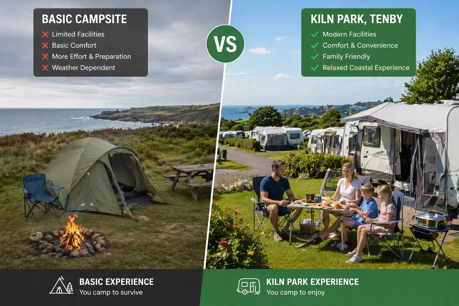 Comparison of basic vs luxury camping in the UK showing comfort, convenience and family-friendly campsite features