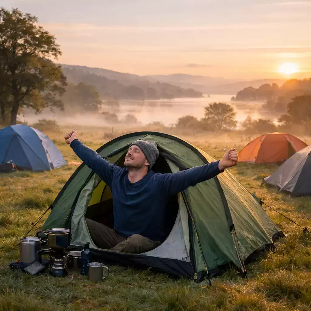 camper waking up in tent UK sunrise lakeside campsite with cooking gear outdoors