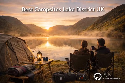 Lake District camping UK with couple by lakeside tent enjoying sunrise mountain view