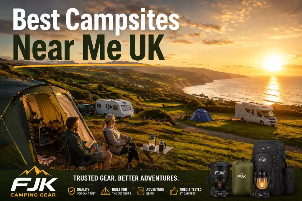 Coastal campsite in the UK with tents and caravans at sunset, best campsites near me UK search concept