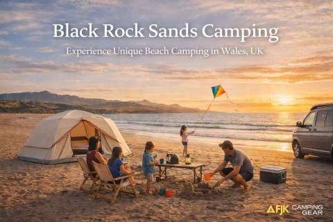 Black Rock Sands beach camping Wales UK family tent seaside setup