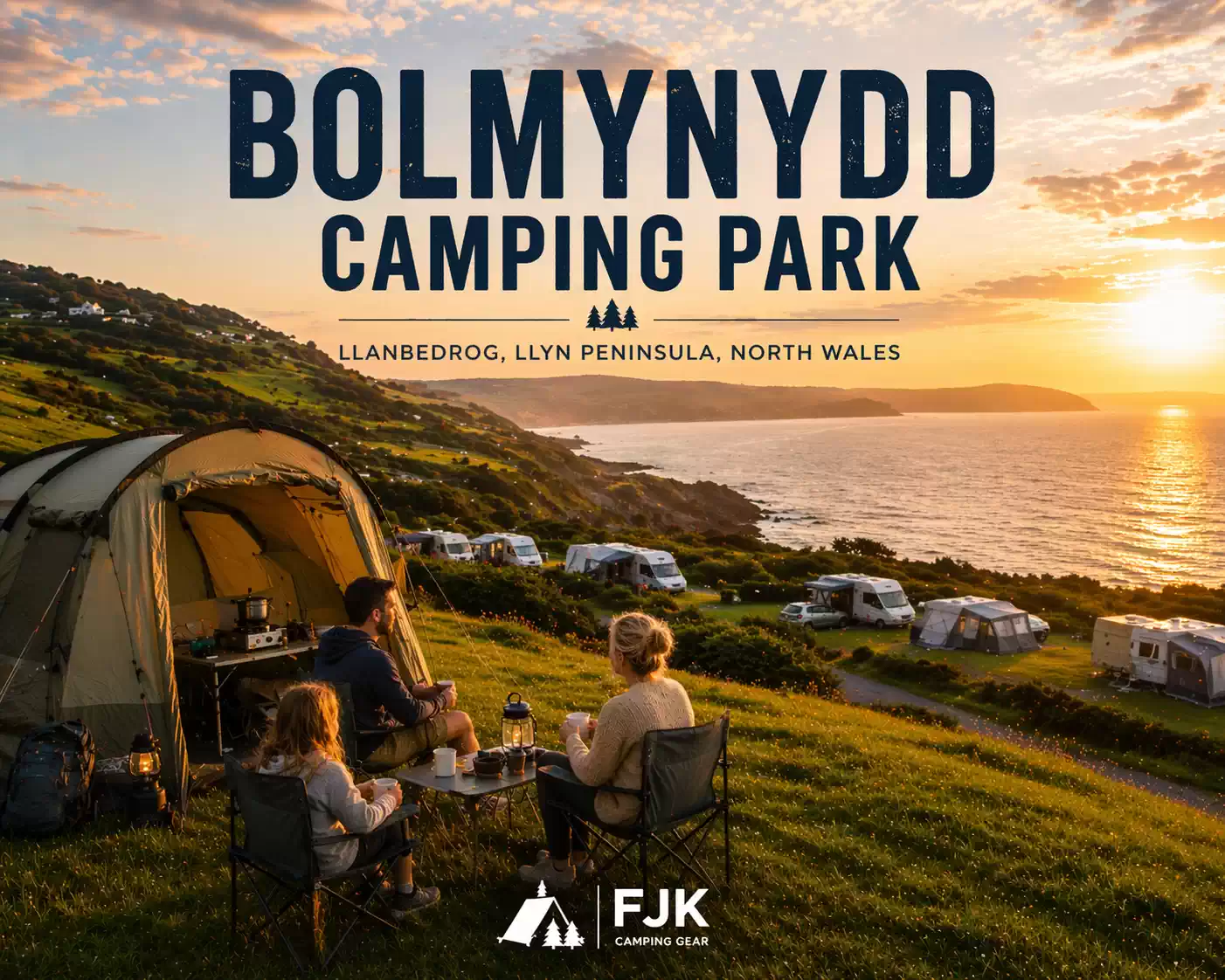 Bolmynydd Camping Park in North Wales with sea views, family camping tent setup overlooking coast at sunset