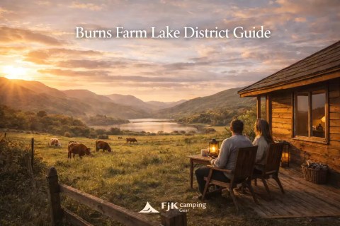 burns farm lake district uk countryside cabin view lake sunset camping peaceful rural landscape