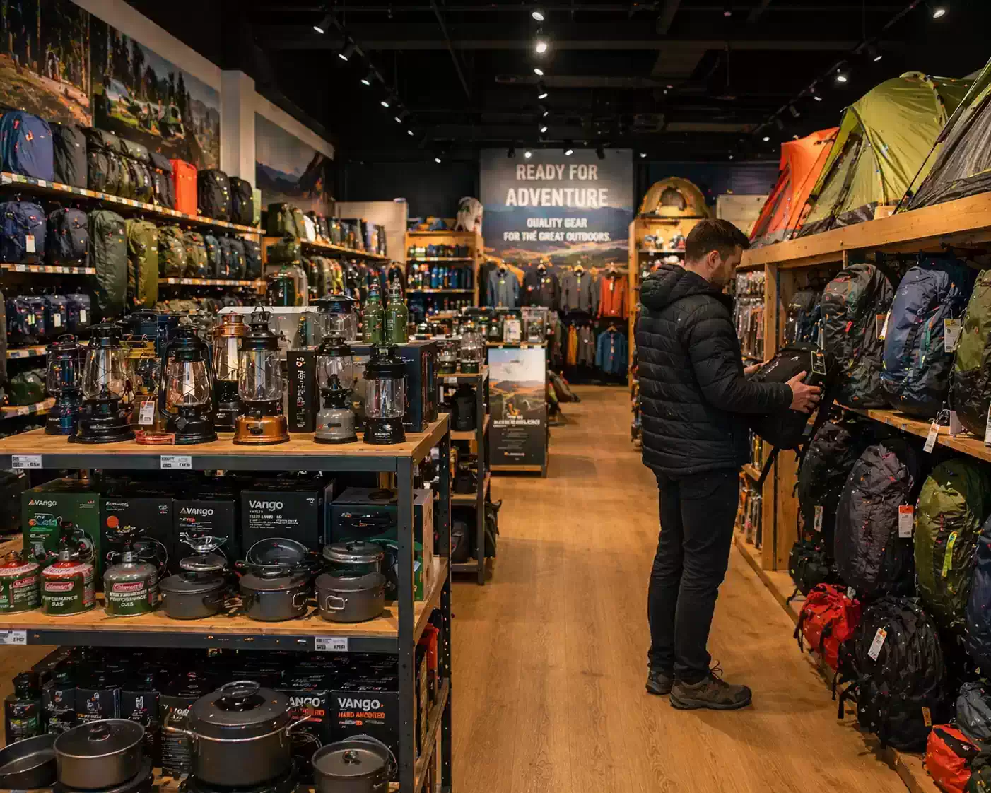 UK camping gear shop interior with backpacks, tents, stoves and outdoor equipment display for camping and hiking