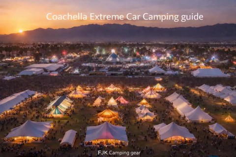 Aerial night view of Coachella festival camping area with illuminated tents, crowds, and desert mountains at sunset showcasing large-scale car camping setup